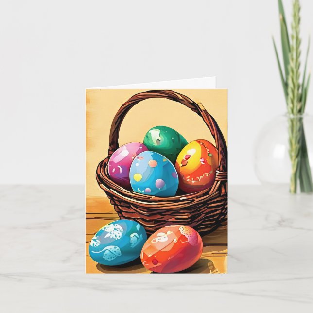 Easter Basket with Eggs on Yellow Background Holiday Card (Front)