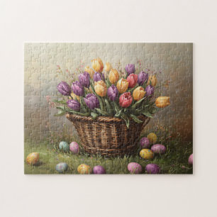 Easter Basket with Tulips and Eggs Jigsaw Puzzle