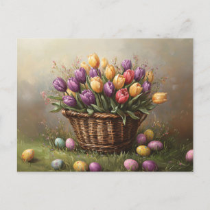 Easter Basket with Tulips and Eggs Postcard