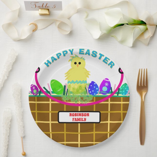 Easter Basket Yellow Blue Striped Chick Egg Paper Plate (Wedding)