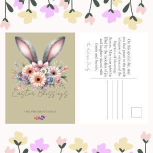 Easter Beige Floral Bunny Rabbit Ears Family Name Holiday Postcard
