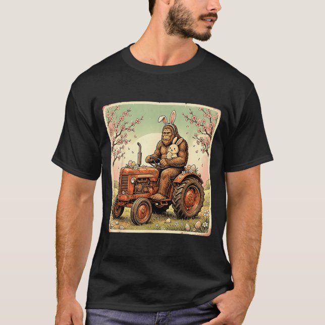 Easter bigfoot bunny tractor funny spring T-Shirt (Front)