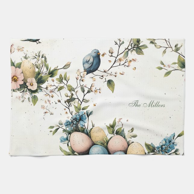 Easter Birds & Pastel Eggs Watercolor Floral Tea Towel (Horizontal)