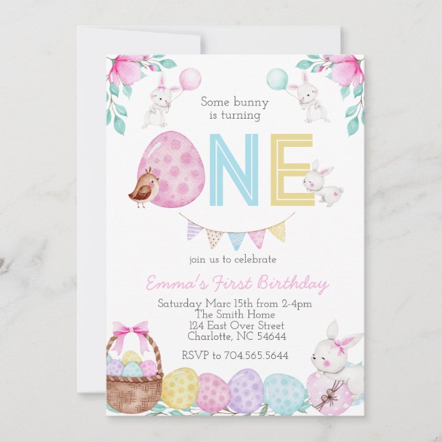 Easter birthday invitation, Bunny birthday Invitation (Front)