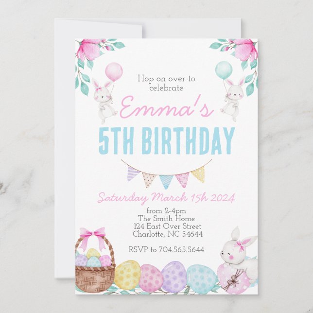 Easter birthday invitation, Bunny birthday Invitation (Front)
