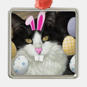 Easter Black and White Kitty Cat Metal Ornament
