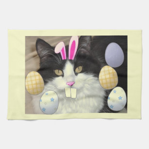 Easter Black and White Kitty Cat Tea Towel
