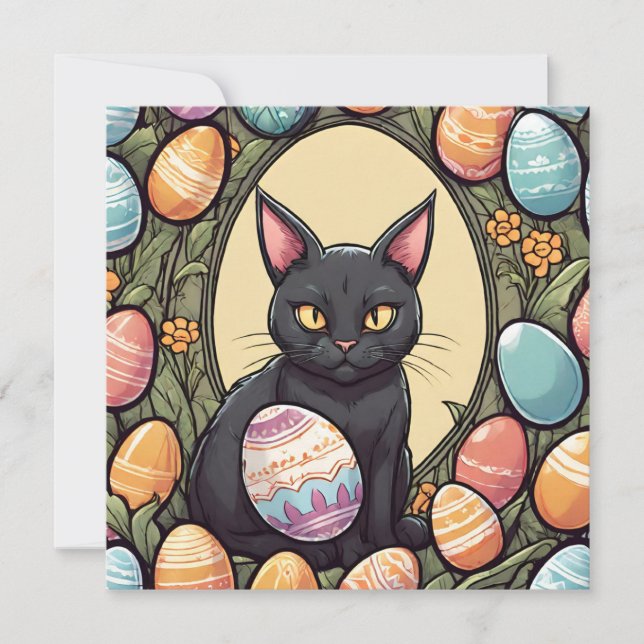 Easter Black Cat and Painted Eggs  Holiday Card (Front)