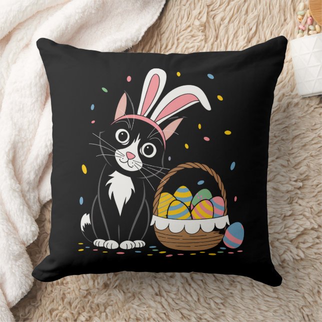 Easter Black Cat Tuxedo Rabbit Bunny Ears Eggs Cushion (Blanket)