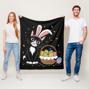 Easter Black Cat Tuxedo Rabbit Bunny Ears Eggs Fleece Blanket