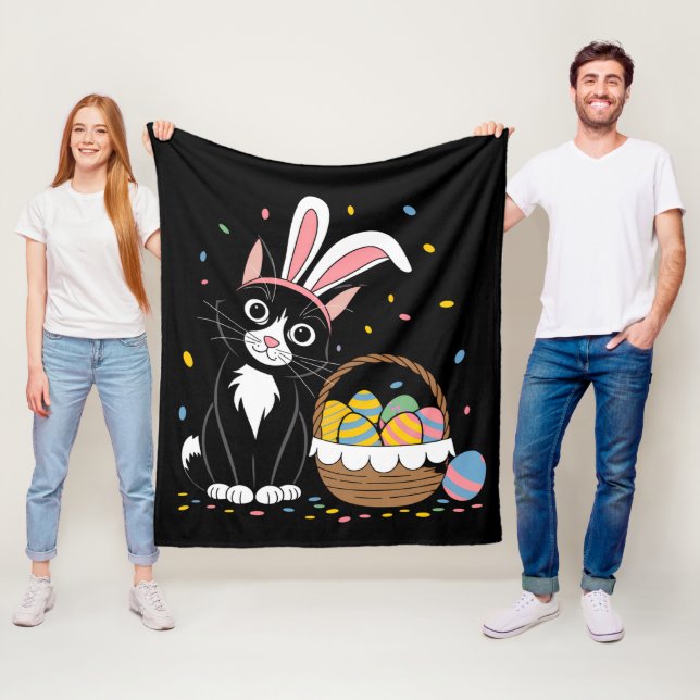 Easter Black Cat Tuxedo Rabbit Bunny Ears Eggs Fleece Blanket (In Situ)