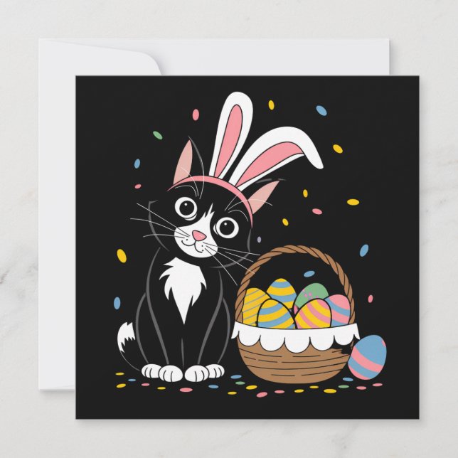 Easter Black Cat Tuxedo Rabbit Bunny Ears Eggs Invitation (Front)