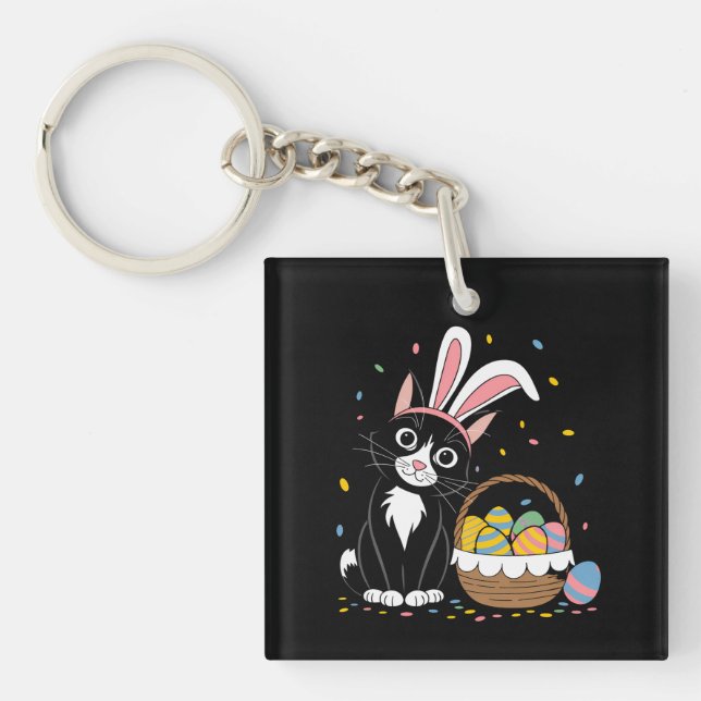 Easter Black Cat Tuxedo Rabbit Bunny Ears Eggs Key Ring (Front)