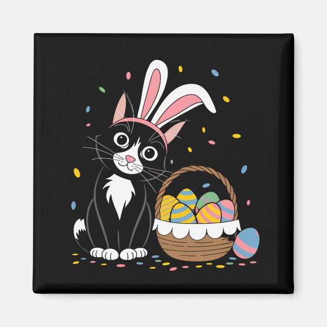 Easter Black Cat Tuxedo Rabbit Bunny Ears Eggs Magnet (Front)