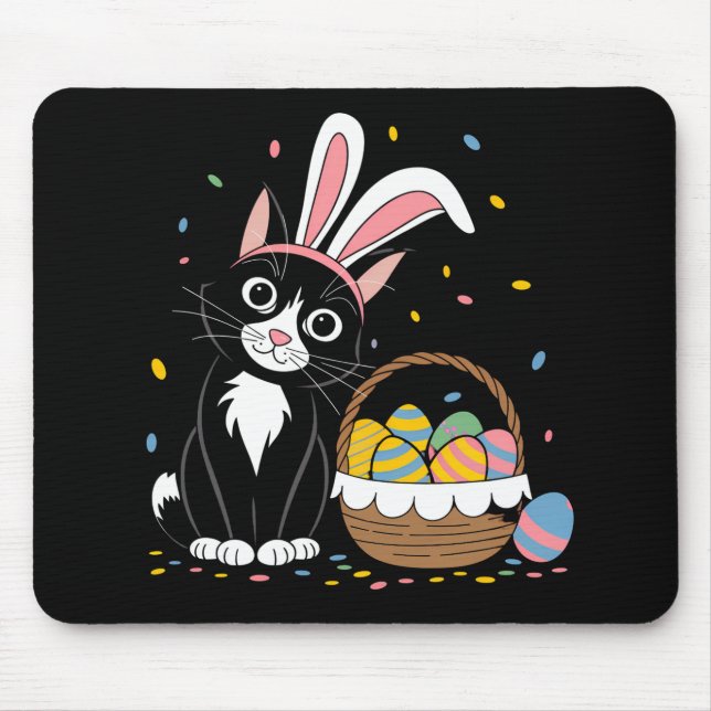 Easter Black Cat Tuxedo Rabbit Bunny Ears Eggs Mouse Pad (Front)
