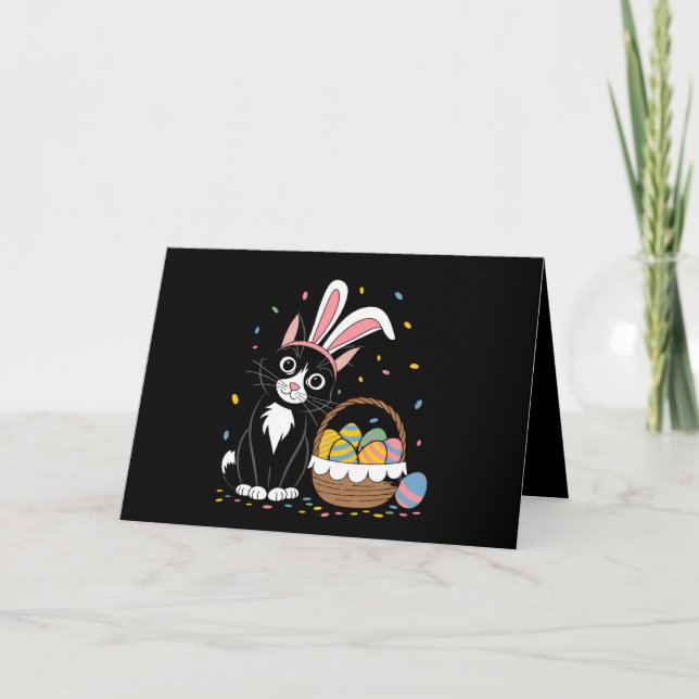 Easter Black Cat Tuxedo Rabbit Bunny Ears Eggs Thank You Card (Front)