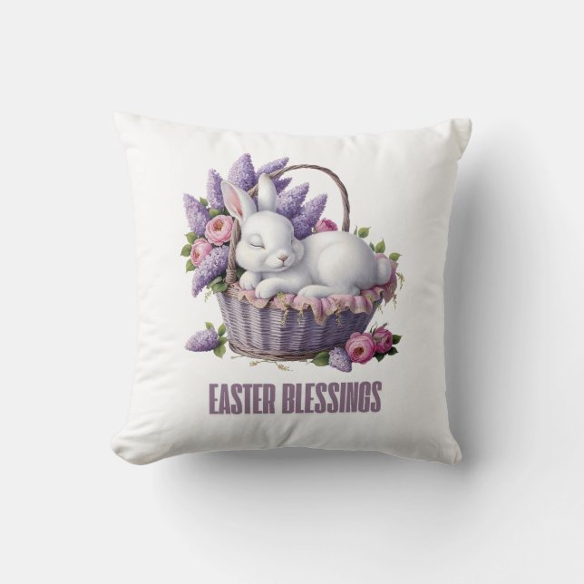 Easter Blessing – Bunny & Flower Basket Delight Cushion (Front)