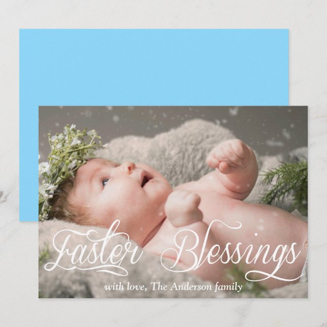 Easter Blessings Baby Family Blue Photo Holiday Card (Front/Back)