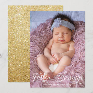 Easter Blessings Baby Family Gold Glitter Photo Holiday Card