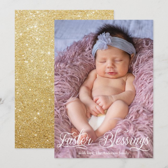 Easter Blessings Baby Family Gold Glitter Photo Holiday Card (Front/Back)