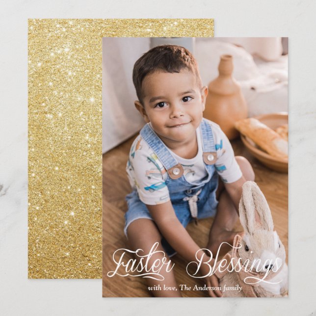 Easter Blessings Baby Family Gold Glitter Photo Holiday Card (Front/Back)