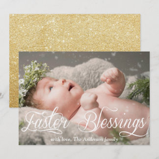 Easter Blessings Baby Family Gold Glitter Photo Holiday Card