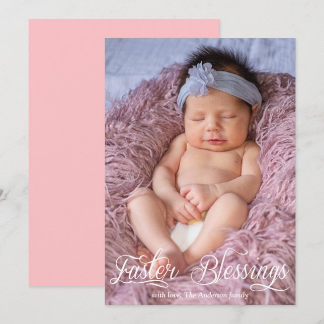 Easter Blessings Baby Girl Family Pink Photo Holiday Card (Front/Back)