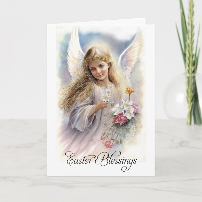 Easter Blessings. Beautiful Little Angel Religious Holiday Card (Front)