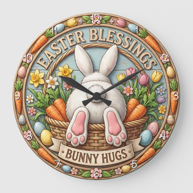 Easter Blessings Bunny Hugs Large Clock (Front)