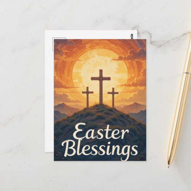 Easter Blessings Christian Cross Sunset Religious  Postcard (Front/Back In Situ)