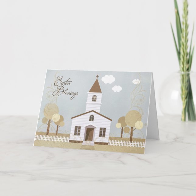 Easter Blessings Church Illustration in Sepia Tone Holiday Card (Front)
