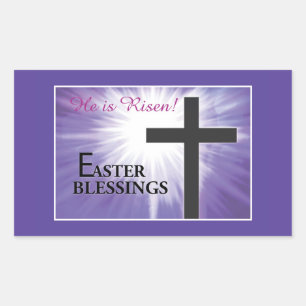 Easter Blessings Cross Starburst on Purple, Risen Rectangular Sticker