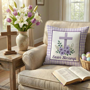 Easter Blessings Cross with Flowers Purple Gingham Cushion