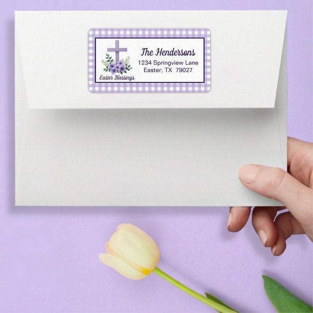 Easter Blessings Cross with Flowers Purple Gingham Label (Creator Uploaded)