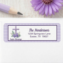 Easter Blessings Cross with Flowers Purple Gingham