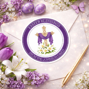Easter Blessings Cross with Lilies  Classic Round Sticker