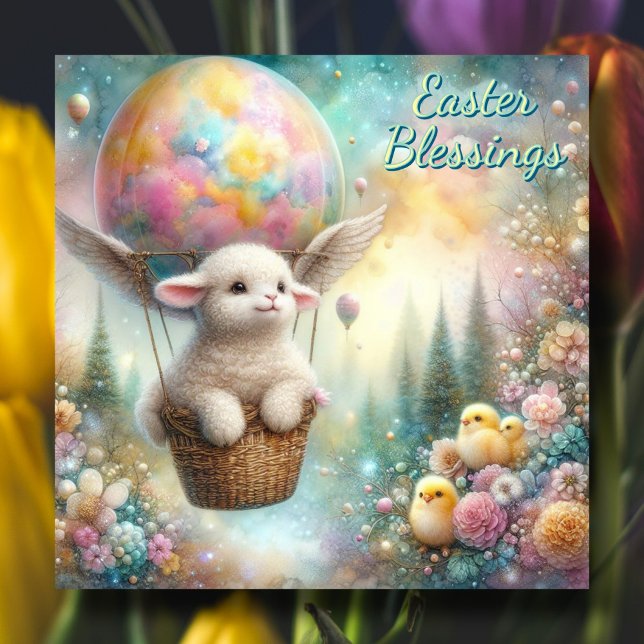 Easter Blessings Cute Lamb Chicks Hot Air Balloon  Holiday Card (Creator Uploaded)