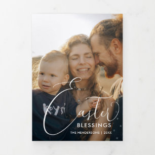 Easter Blessings Elegant Script Multi Photo Tri-Fold Holiday Card