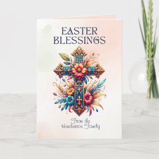 Easter Blessings Floral Cross Christian Easter Card