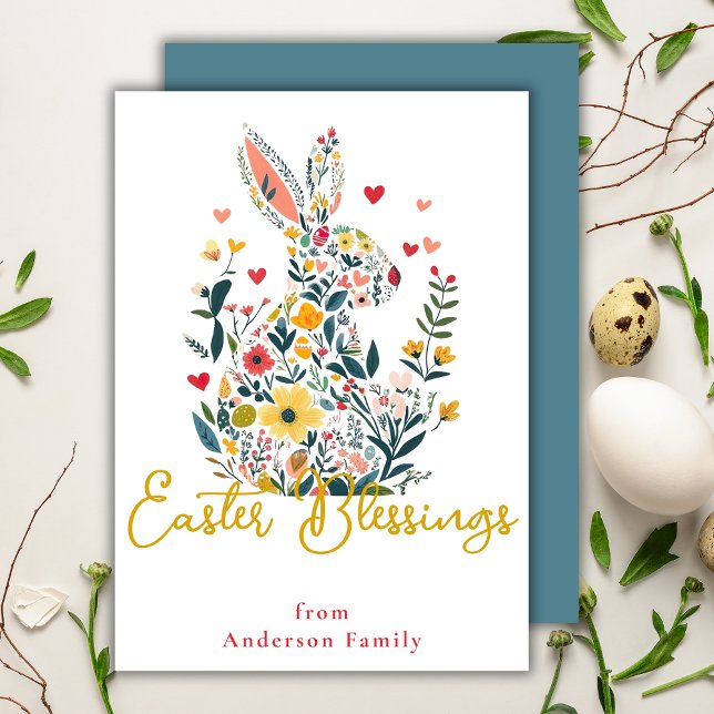 Easter Blessings Floral Silhouette Bunny Family Holiday Card (Creator Uploaded)