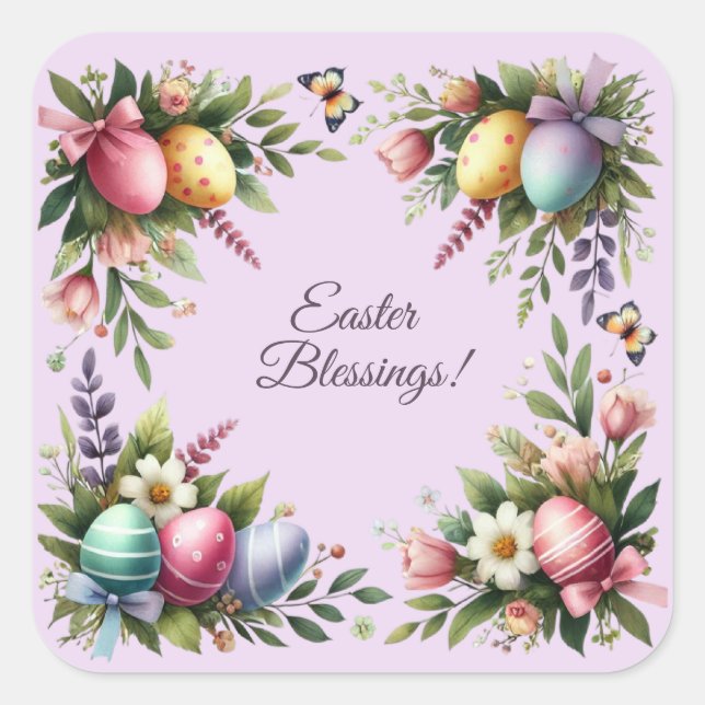 Easter Blessings Frame of Easter Eggs Flowers Square Sticker (Front)