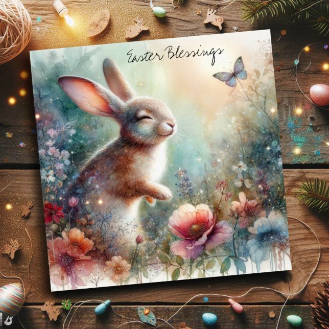 Easter Blessings Happy Bunny Flowers Christian  Holiday Card (Creator Uploaded)