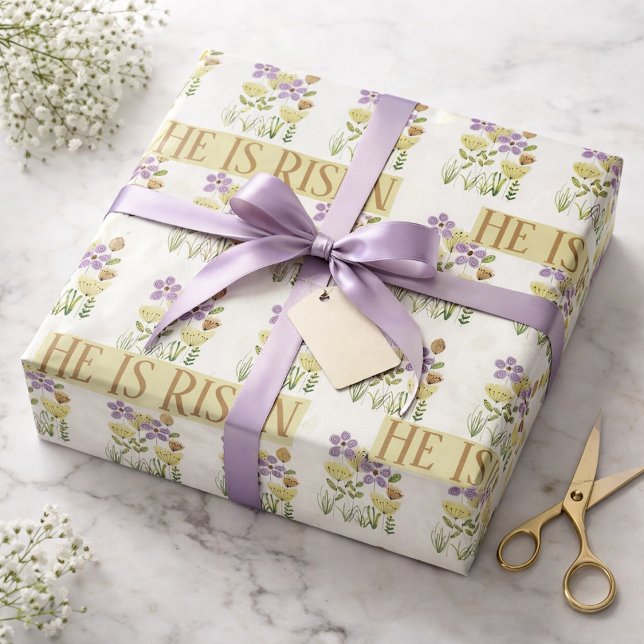Easter Blessings | He Is Risen Pretty Floral  Wrapping Paper (Creator Uploaded)