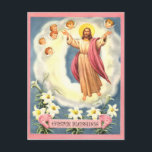 Easter Blessings Holiday Postcard<br><div class="desc">Jesus rising into a cloud with angels around Him and Easter lilies below. Pink and blue with a pink ribbon "Easter Blessings"</div>