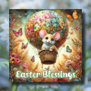 Easter Blessings Hot Air Balloon Mouse Butterflies Holiday Card