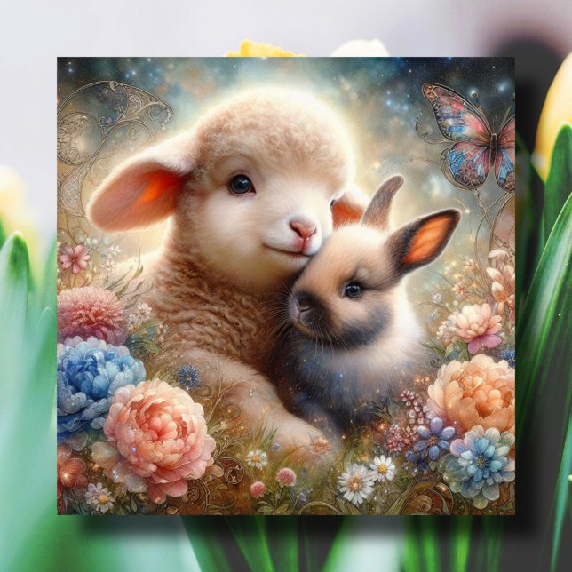 Easter Blessings Lamb and Bunny Christian Easter  Holiday Card (Creator Uploaded)