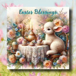 Easter Blessings Lamb Pastel Garden Tea Party  Holiday Card