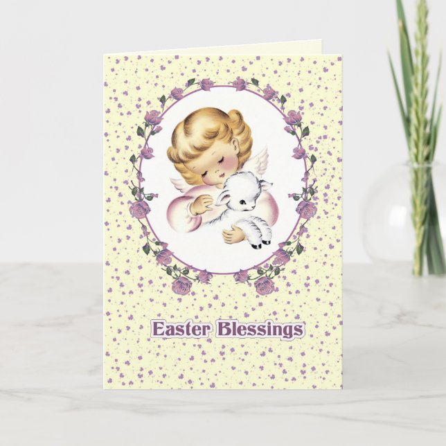 Easter Blessings. Little Angel with Lamb Easter  Holiday Card (Front)