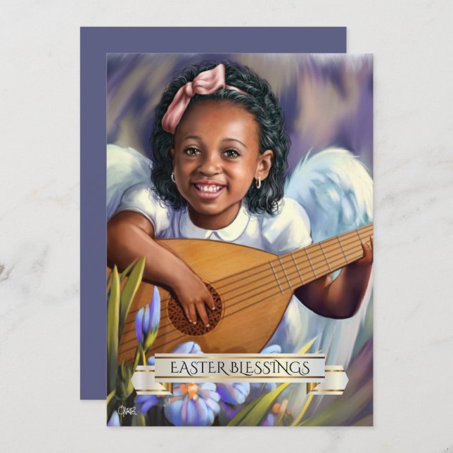 Easter Blessings. Little Angel with Lute Flat Card (Front/Back)