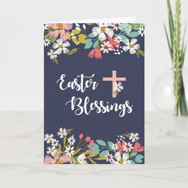Easter Blessings of Risen Christ Flowers on Navy Card (Front)